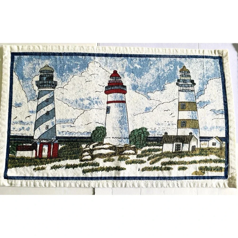 Nautical Lighthouse Placemats Off White Cotton Blend Set Of 4 Beach Sea Ocean